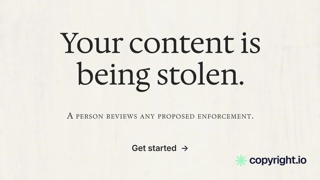 Landscape graphic for copyright.io: "Your content is being stolen." Minimal luxury style, smallcaps layout, light palette in white, grey.