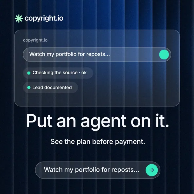 Instagram post for copyright.io: "Put an agent on it." Agentic glass style, skeleton layout, dark palette in blue, black.