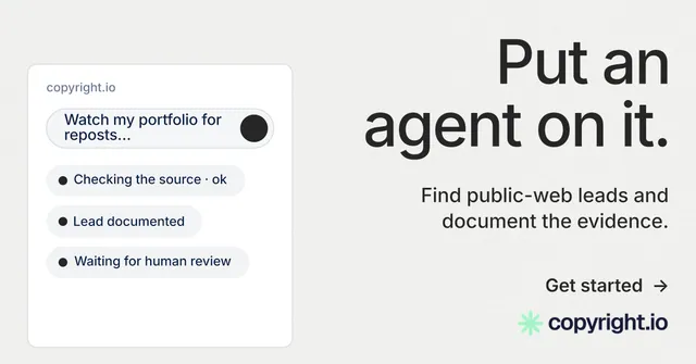 Social ad for copyright.io: "Put an agent on it." Minimal luxury style, right layout, light palette in white, grey.