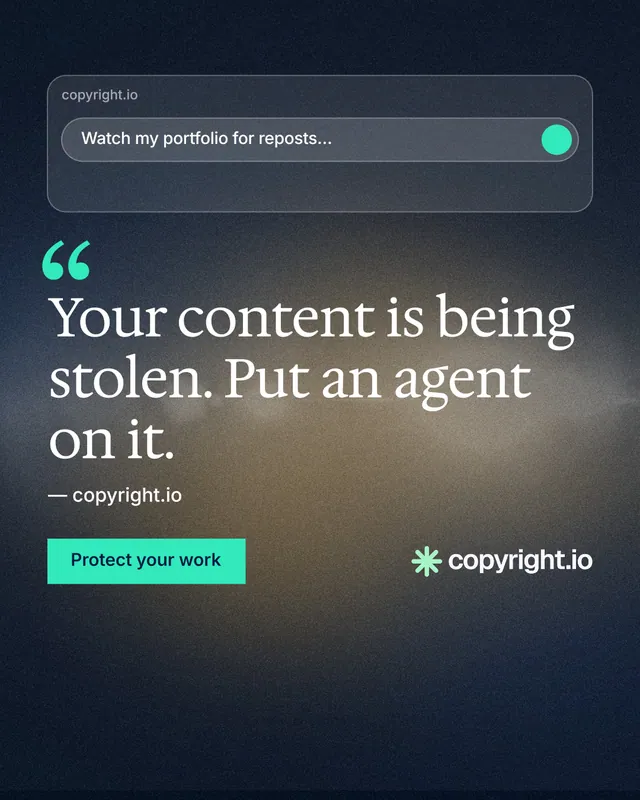 Instagram portrait post for copyright.io: "Evidence, documented." Swiss style, quote layout, dark palette in black, blue, grey.