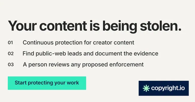 Social ad for copyright.io: "Your content is being stolen." Swiss style, numbered layout, light palette in white, grey.