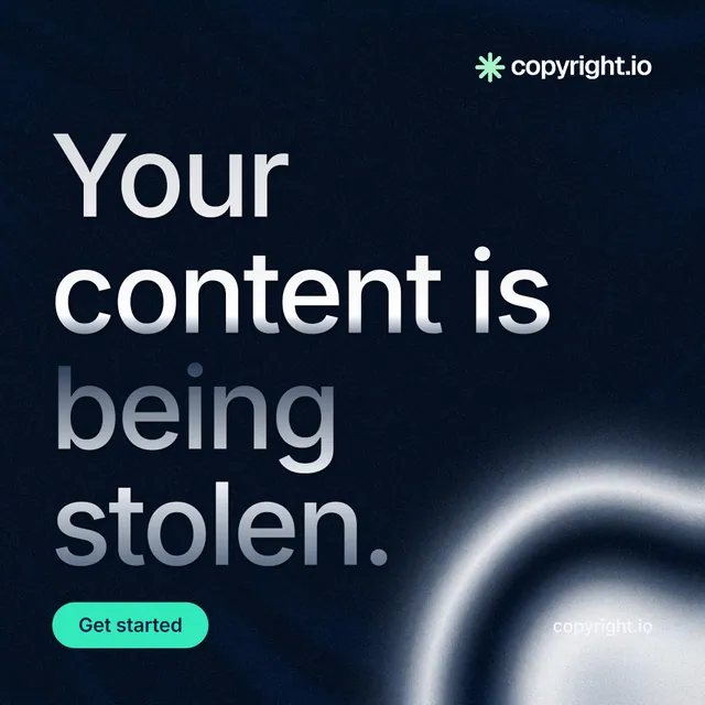 Instagram post for copyright.io: "Your content is being stolen." Y2K style, poster layout, dark palette in black, grey.