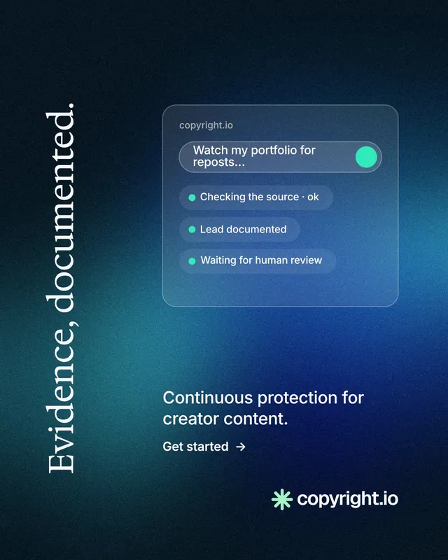 Instagram portrait post for copyright.io: "Evidence, documented." Minimal luxury style, vertical layout, dark palette in black, blue.
