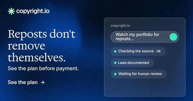Social ad for copyright.io: "Reposts don't remove themselves." Minimal luxury style, bottom layout, dark palette in blue, black.