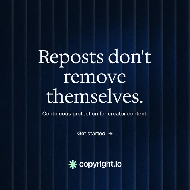 Instagram post for copyright.io: "Reposts don't remove themselves." Minimal luxury style, centred layout, dark palette in black, blue.