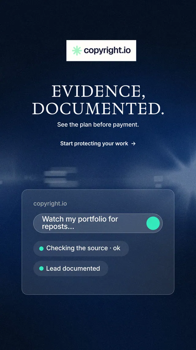 Instagram story for copyright.io: "Evidence, documented." Minimal luxury style, centred layout, dark palette in blue, black.