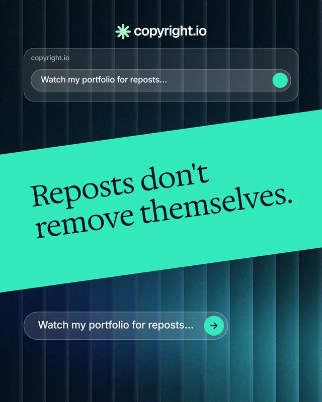 Instagram portrait post for copyright.io: "Reposts don't remove themselves." Agentic glass style, diagonal layout, dark palette in black, blue, teal.