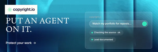 X header for copyright.io: "Put an agent on it." Minimal luxury style, bottom layout, dark palette in blue, teal.