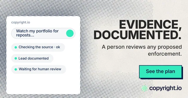 Social ad for copyright.io: "Evidence, documented." Brutalist style, right layout, light palette in white, grey.