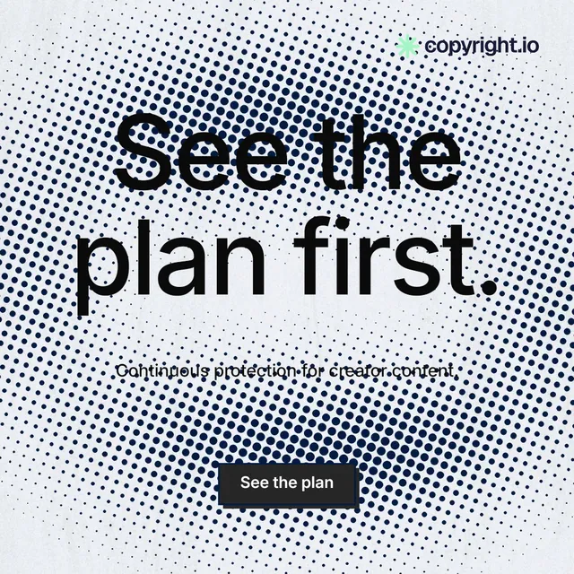 Instagram post for copyright.io: "See the plan first." Brutalist style, centred layout, light palette in grey, white, blue.