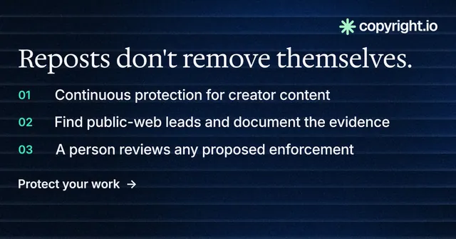Social ad for copyright.io: "Reposts don't remove themselves." Minimal luxury style, numbered layout, dark palette in blue, black, grey.