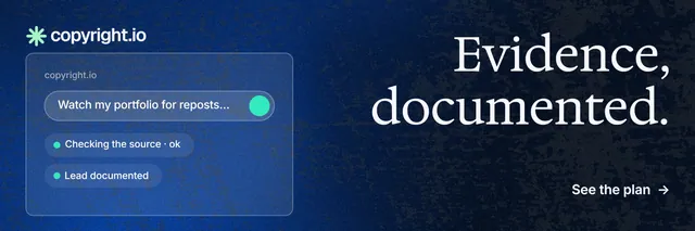 X header for copyright.io: "Evidence, documented." Minimal luxury style, right layout, dark palette in black, blue.