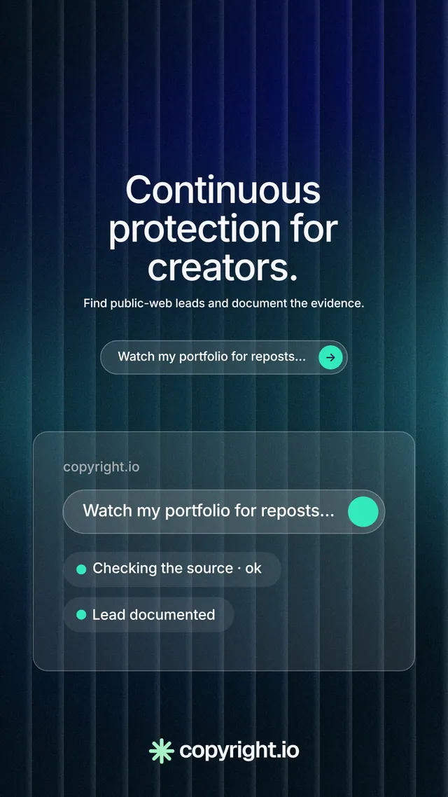 Instagram story for copyright.io: "Continuous protection for creators." Agentic glass style, centred layout, dark palette in black, blue, grey.