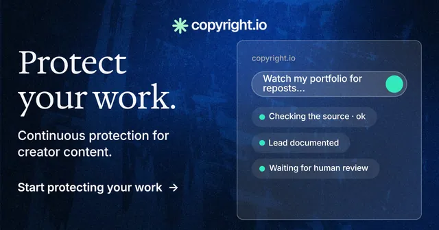 Social ad for copyright.io: "Protect your work." Minimal luxury style, bottom layout, dark palette in blue, black.