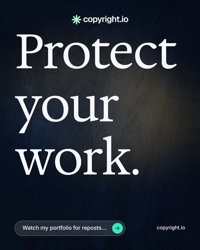Instagram portrait post for copyright.io: "Protect your work." Agentic glass style, poster layout, dark palette in black, grey.
