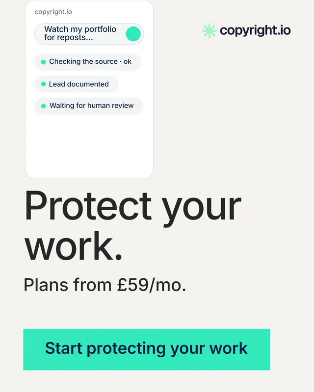 Instagram portrait post for copyright.io: "Protect your work." Swiss style, skeleton layout, light palette in white, teal.