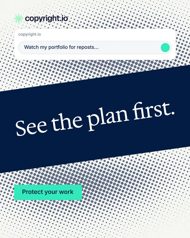 Instagram portrait post for copyright.io: "See the plan first." Split block style, diagonal layout, light palette in white, blue, teal.