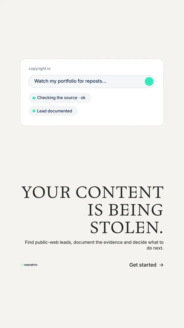 Instagram story for copyright.io: "Your content is being stolen." Minimal luxury style, right layout, light palette in white.