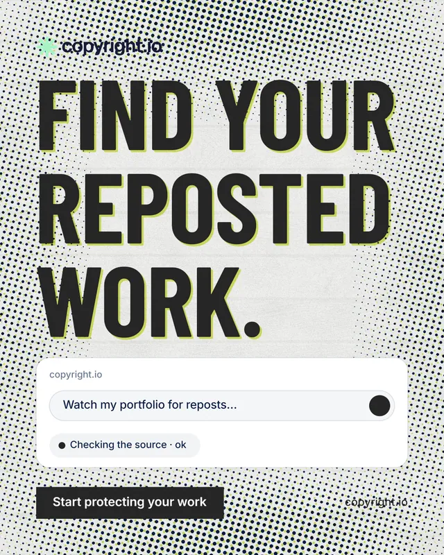 Instagram portrait post for copyright.io: "Find your reposted work." Retro print style, poster layout, light palette in grey, white.