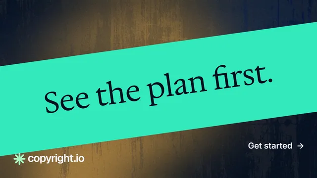 Landscape graphic for copyright.io: "See the plan first." Minimal luxury style, diagonal layout, light palette in teal, blue, yellow.