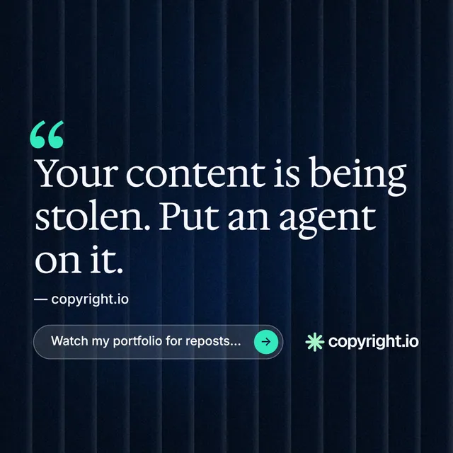 Instagram post for copyright.io: "Your content is being stolen." Agentic glass style, quote layout, dark palette in black, blue.