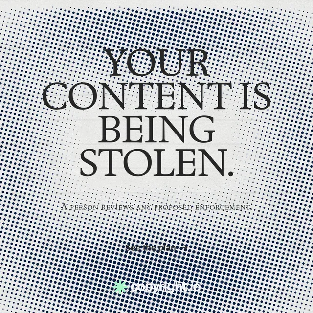 Instagram post for copyright.io: "Your content is being stolen." Brutalist style, smallcaps layout, light palette in grey, white.