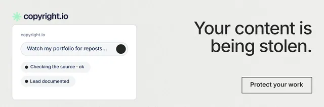 X header for copyright.io: "Your content is being stolen." Editorial style, right layout, light palette in white, grey.