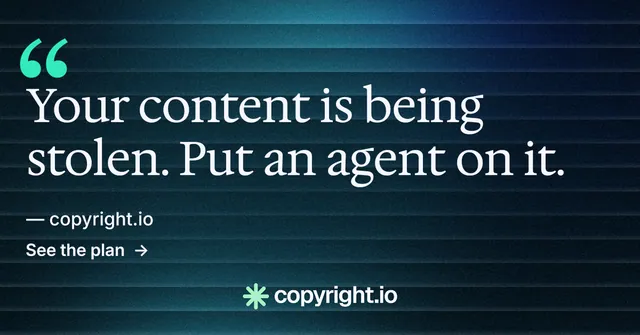 Social ad for copyright.io: "Evidence, documented." Minimal luxury style, quote layout, dark palette in black, blue, grey.