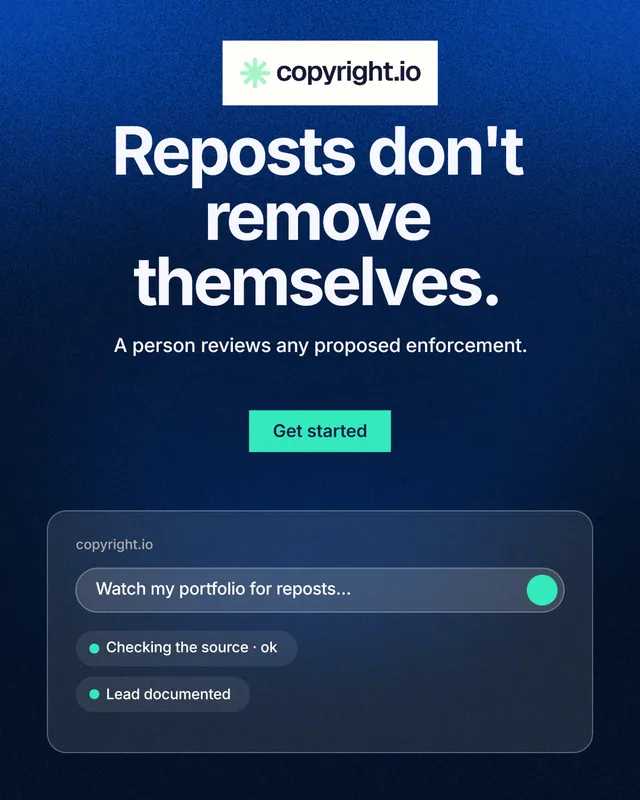 Instagram portrait post for copyright.io: "Reposts don't remove themselves." Swiss style, centred layout, dark palette in blue, black.