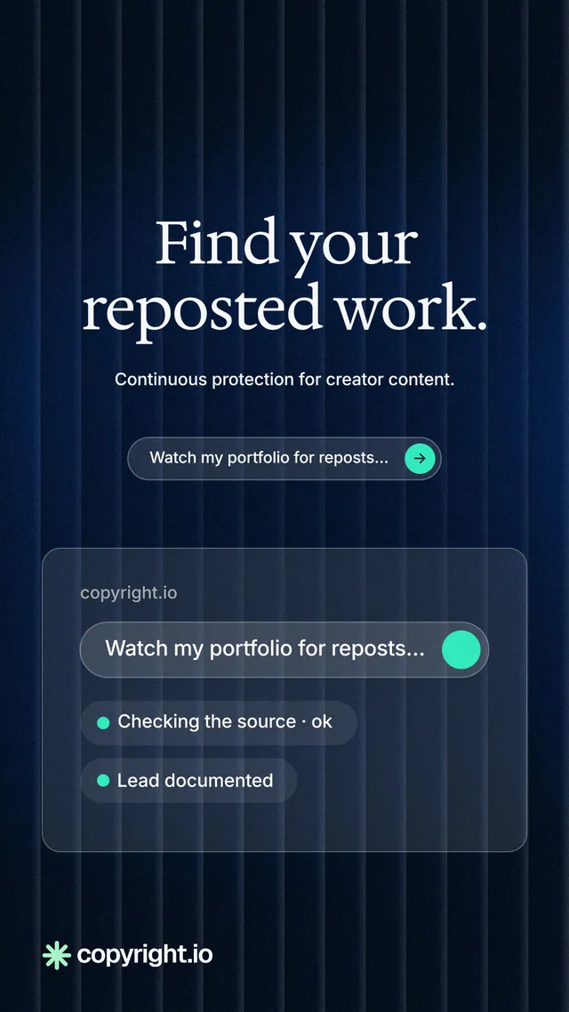 Instagram story for copyright.io: "Find your reposted work." Agentic glass style, centred layout, dark palette in black, blue, grey.