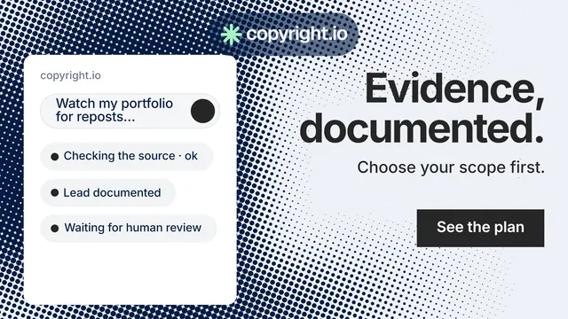 Landscape graphic for copyright.io: "Evidence, documented." Swiss style, right layout, light palette in white, blue, grey.