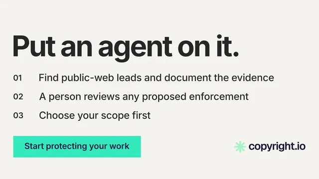 Landscape graphic for copyright.io: "Put an agent on it." Swiss style, numbered layout, light palette in white, teal.