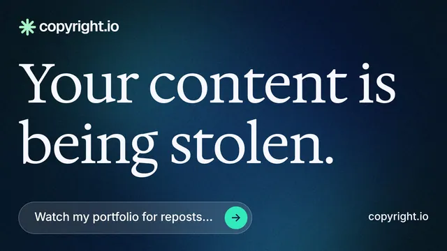 Landscape graphic for copyright.io: "Your content is being stolen." Agentic glass style, poster layout, dark palette in blue, black, grey.