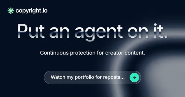 Social ad for copyright.io: "Put an agent on it." Agentic glass style, centred layout, dark palette in black, grey, blue.