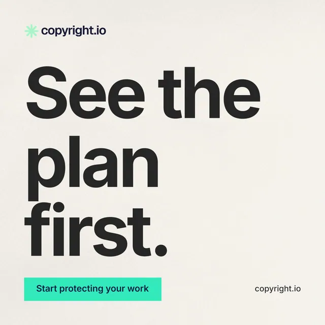 Instagram post for copyright.io: "See the plan first." Swiss style, poster layout, light palette in white, grey, green.