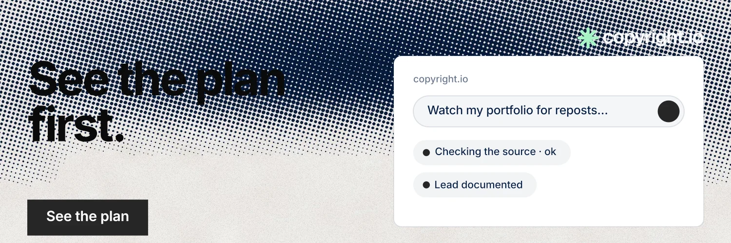 X header for copyright.io: "See the plan first." Swiss style, bottom layout, light palette in white, blue, grey.