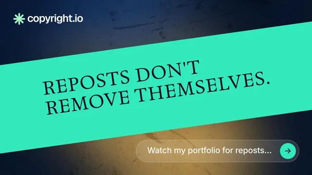 Landscape graphic for copyright.io: "Reposts don't remove themselves." Agentic glass style, diagonal layout, light palette in teal, blue, grey.