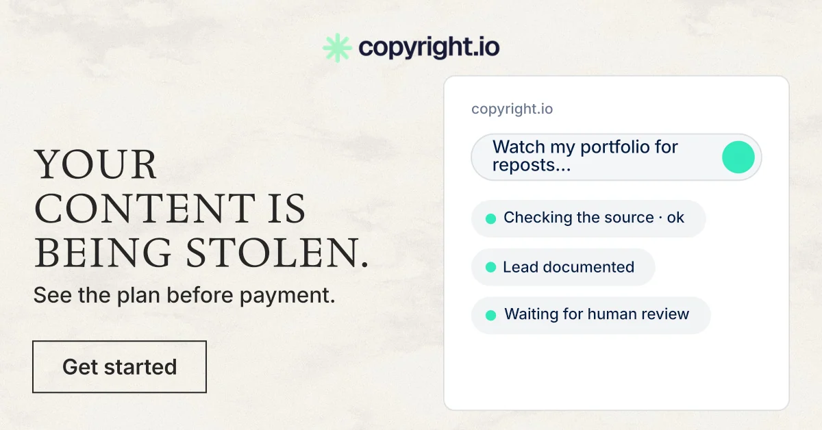 Social ad for copyright.io: "Your content is being stolen." Editorial style, bottom layout, light palette in white.