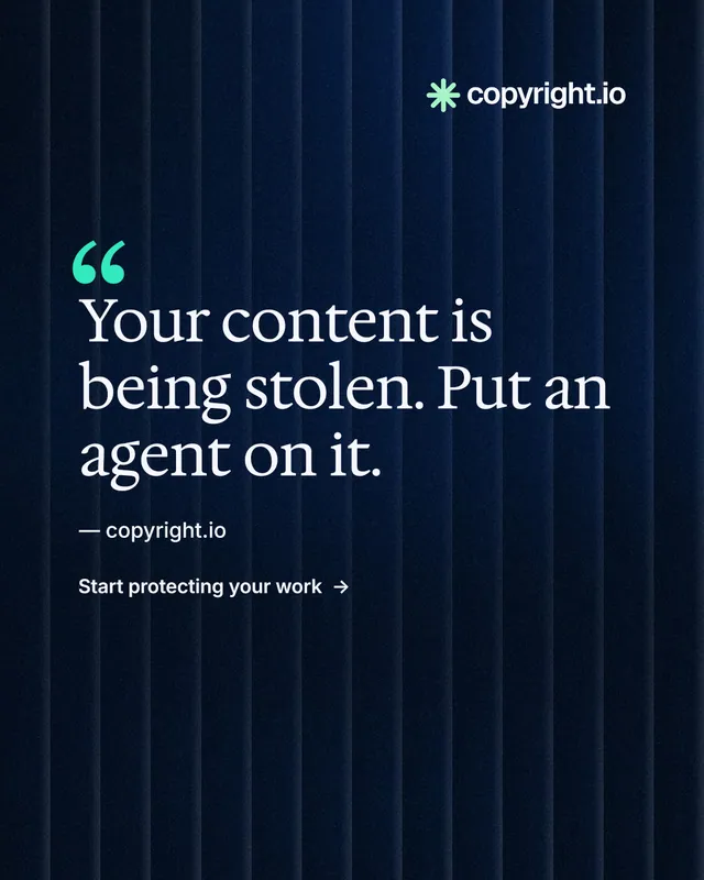 Instagram portrait post for copyright.io: "Evidence, documented." Minimal luxury style, quote layout, dark palette in black, blue.