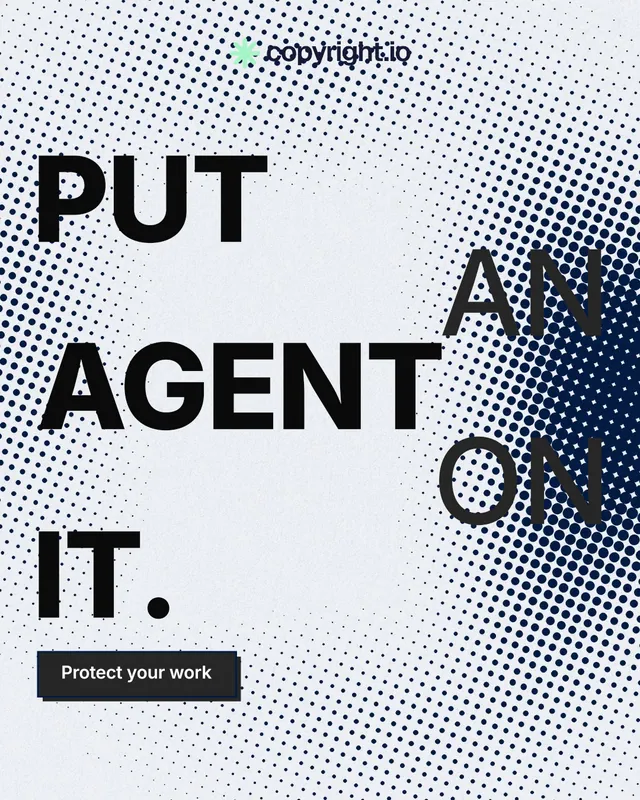 Instagram portrait post for copyright.io: "Put an agent on it." Brutalist style, stacked layout, light palette in white, blue, grey.
