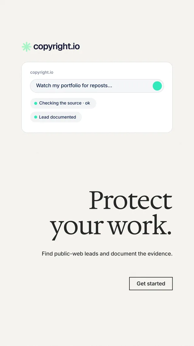 Instagram story for copyright.io: "Protect your work." Editorial style, right layout, light palette in white.