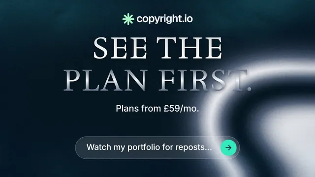 Landscape graphic for copyright.io: "See the plan first." Agentic glass style, centred layout, dark palette in blue, grey, black.