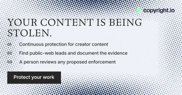 Social ad for copyright.io: "Your content is being stolen." Split block style, numbered layout, light palette in white, blue, grey.