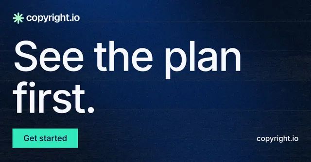Social ad for copyright.io: "See the plan first." Swiss style, poster layout, dark palette in blue, black, teal.