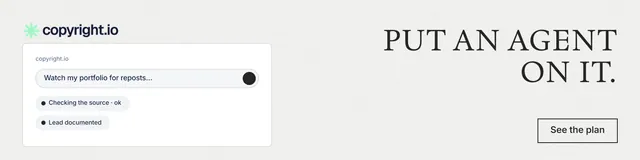LinkedIn banner for copyright.io: "Put an agent on it." Editorial style, right layout, light palette in white.