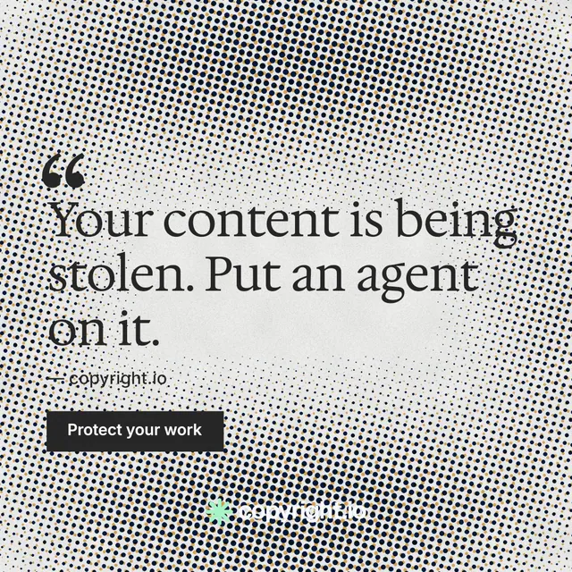 Instagram post for copyright.io: "Find your reposted work." Retro print style, quote layout, light palette in grey, white.