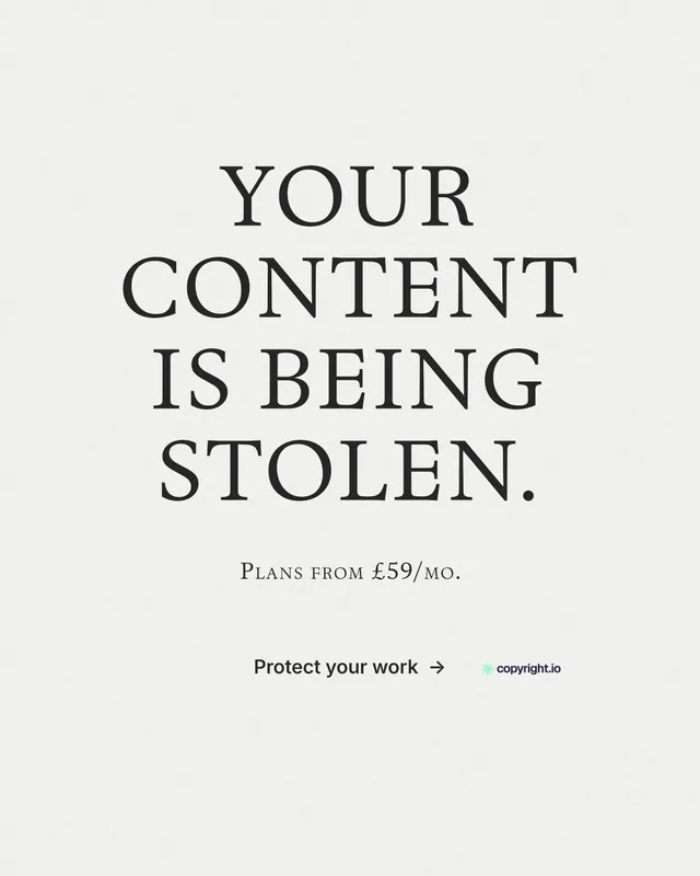 Instagram portrait post for copyright.io: "Your content is being stolen." Editorial style, smallcaps layout, light palette in white, grey.