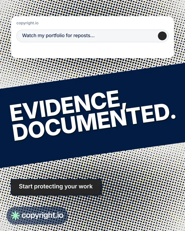 Instagram portrait post for copyright.io: "Evidence, documented." Brutalist style, diagonal layout, light palette in blue, grey, white.