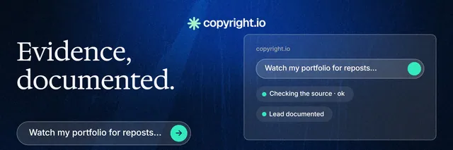 X header for copyright.io: "Evidence, documented." Agentic glass style, bottom layout, dark palette in blue, black.