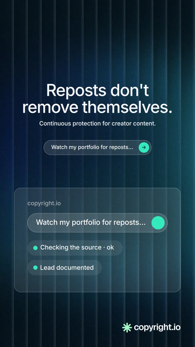 Instagram story for copyright.io: "Reposts don't remove themselves." Agentic glass style, centred layout, dark palette in blue, black.